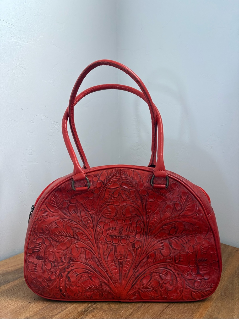 Shazel Red Embossed Floral Leather Shoulder Bag